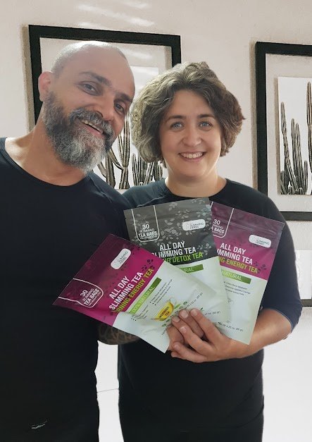 All Day Slimming Tea middle aged couple with packages